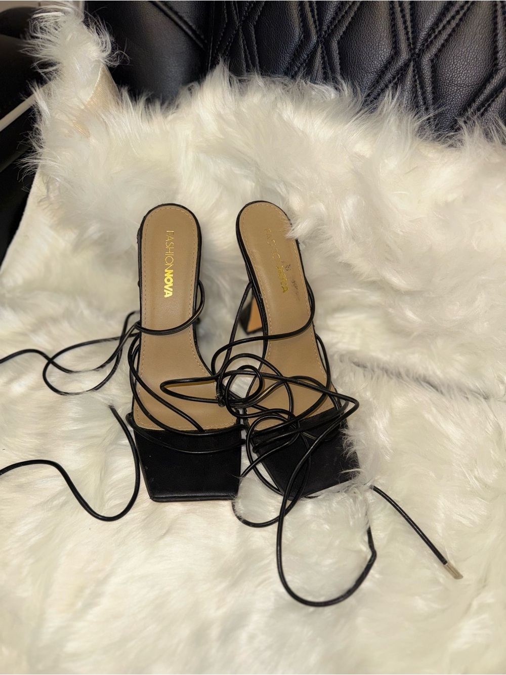 Fashion Nova Black Lace-Up Square Toe Heeled Sandals